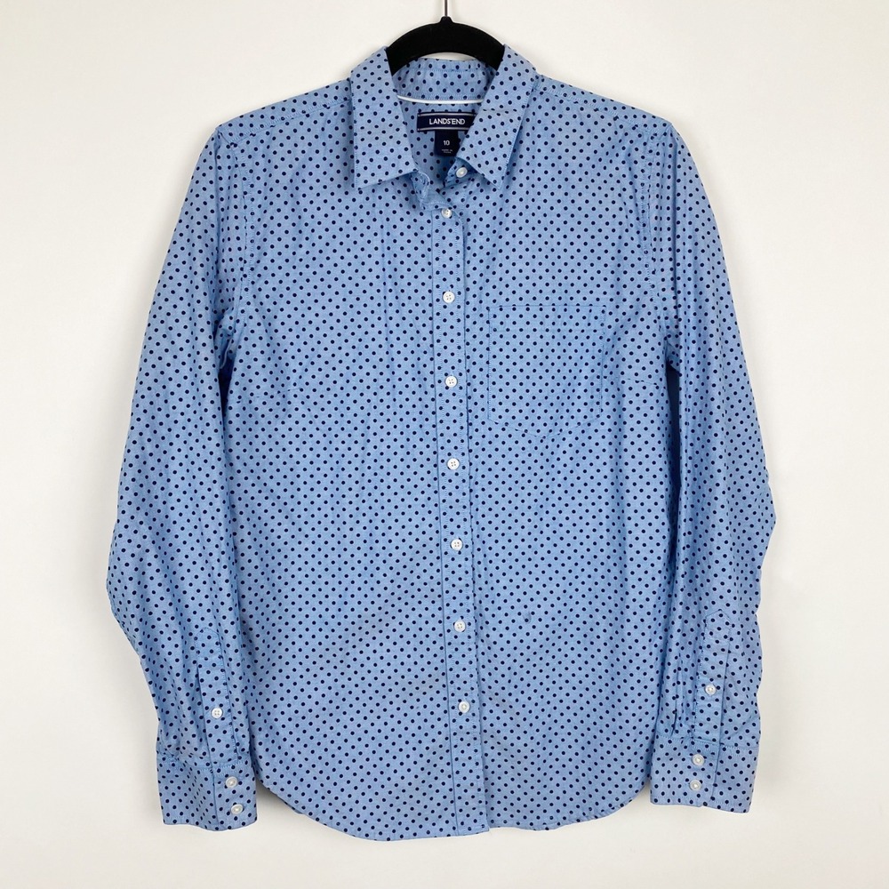Lands End Polka Dot Stretch Oxford Button Down Shirt Womens 10 Blue Black